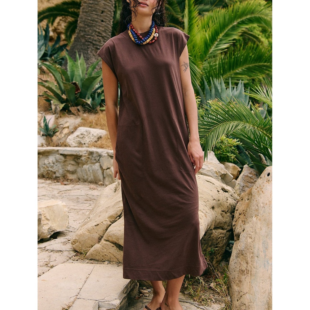 Free People All Day Long Midi Dress Carafe Brown Sleeveless Pockets Size XS